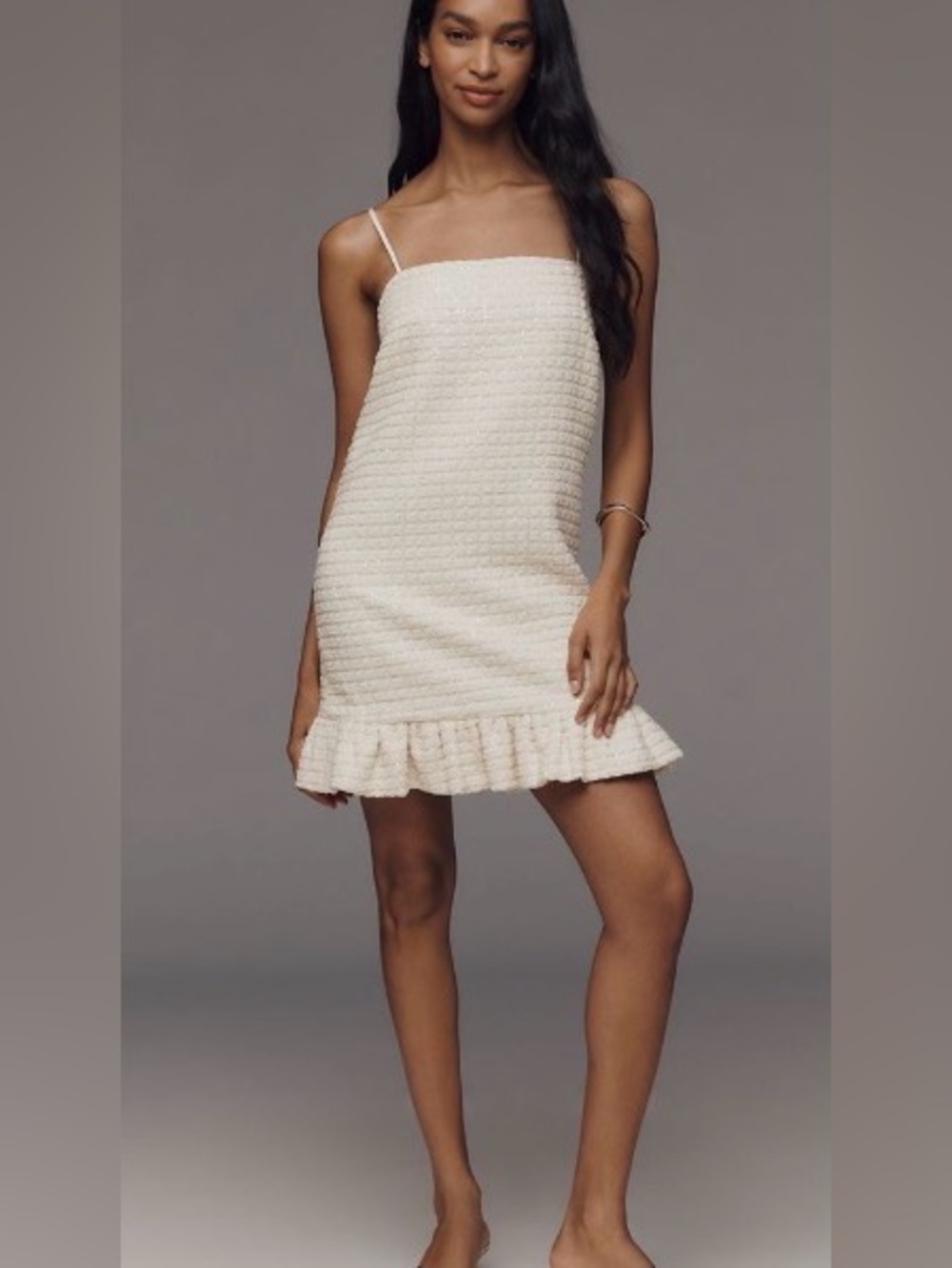 Sunday in Brooklyn Ivory Textured Iridescent Sequin Mini Dress/Ruffled-Hem: M